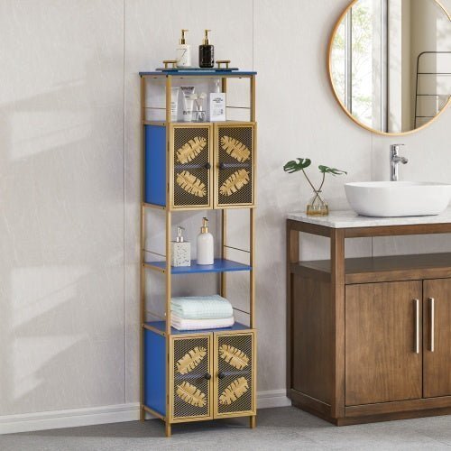 Tall Freestanding Storage Cabinet with Open Shelves & 2 Door Cabinets – Metal, Black & Blue – for Kitchen, Bathroom, or Living Room - goosavvy.com