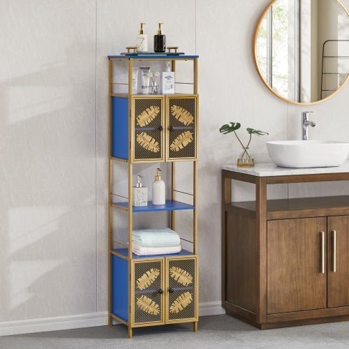 Tall Freestanding Storage Cabinet with Open Shelves & 2 Door Cabinets – Metal, Black & Blue – for Kitchen, Bathroom, or Living Room - goosavvy.com