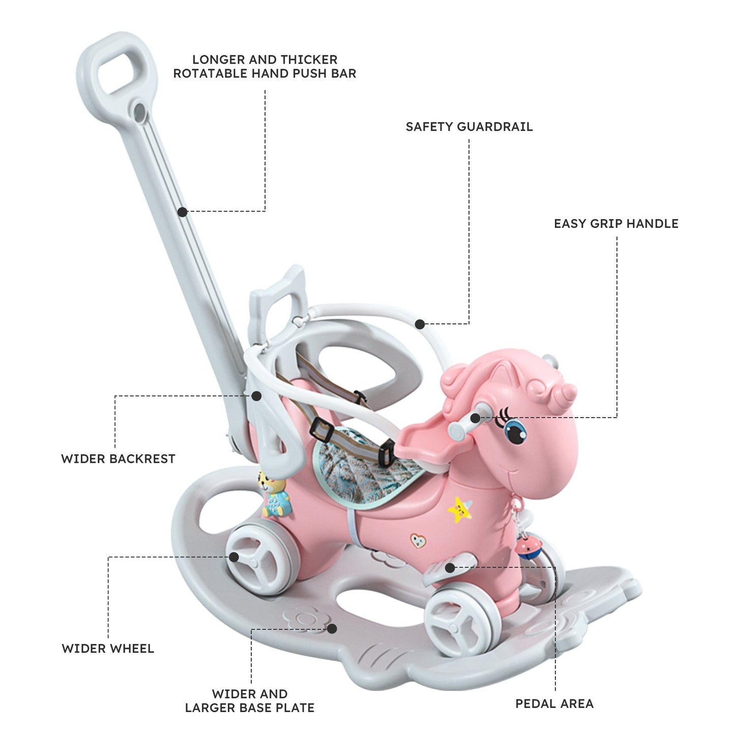 Toddler Rocking Horse & Balance Bike, 4 - in - 1 Ride - On Unicorn Toy for 1 - 3 Year Olds, Pink - goosavvy.com