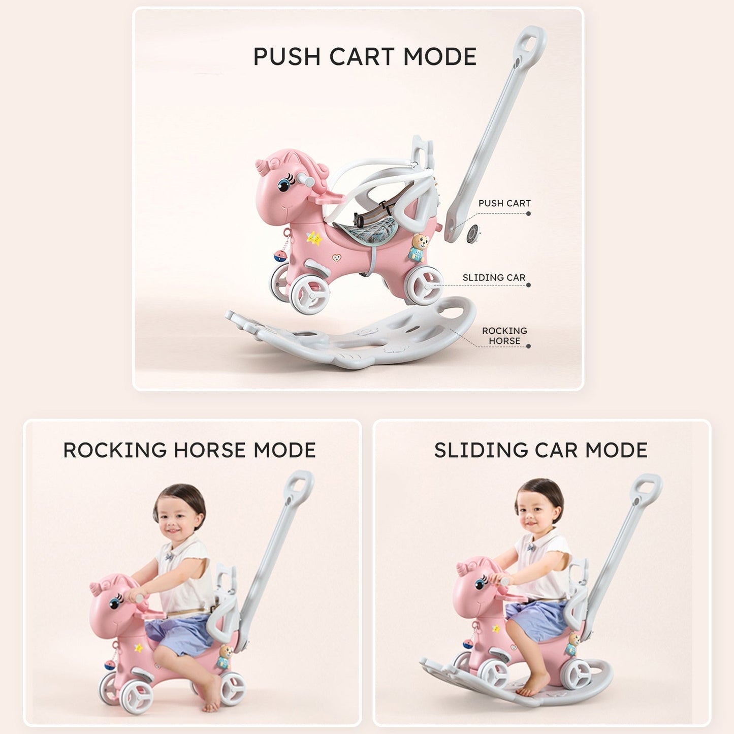 Toddler Rocking Horse & Balance Bike, 4 - in - 1 Ride - On Unicorn Toy for 1 - 3 Year Olds, Pink - goosavvy.com