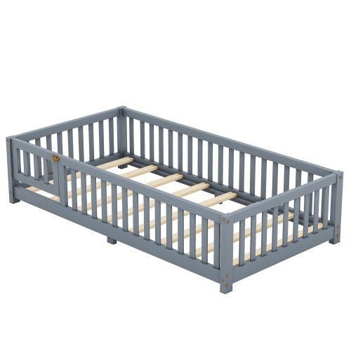 Twin Size Kids Floor Bed with Safety Guardrails & Door, Low - Profile Design, Gray - goosavvy.com