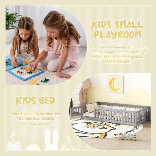 Twin Size Kids Floor Bed with Safety Guardrails & Door, Low - Profile Design, Gray - goosavvy.com
