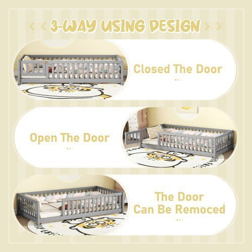 Twin Size Kids Floor Bed with Safety Guardrails & Door, Low - Profile Design, Gray - goosavvy.com