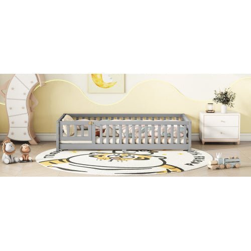 Twin Size Kids Floor Bed with Safety Guardrails & Door, Low - Profile Design, Gray - goosavvy.com