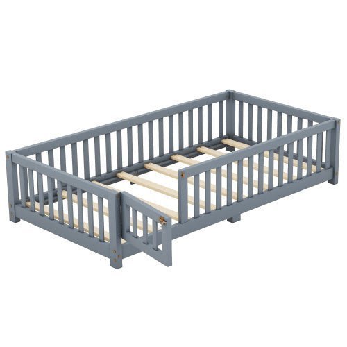 Twin Size Kids Floor Bed with Safety Guardrails & Door, Low - Profile Design, Gray - goosavvy.com