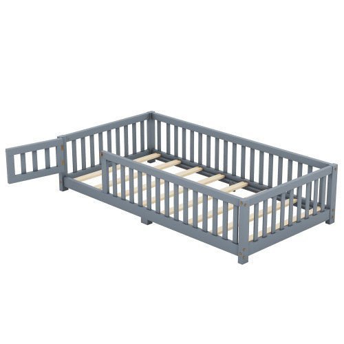 Twin Size Kids Floor Bed with Safety Guardrails & Door, Low - Profile Design, Gray - goosavvy.com
