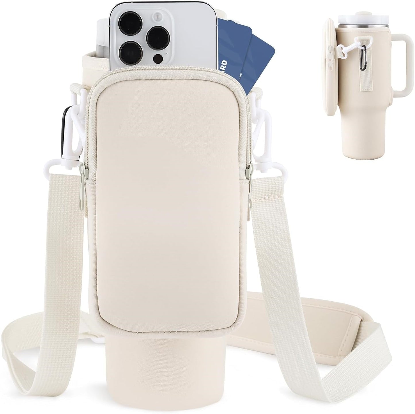 Water Bottle Carrier Bag for 40oz Tumbler and Mug – Adjustable Strap, Neoprene Protection, Storage Pockets – Ideal for Travel, Hiking, Walking - goosavvy.com