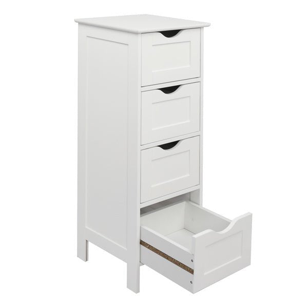 White Wooden Floor Cabinet with 4 Drawers – Freestanding Storage Organizer for Bathroom, Kitchen, Bedroom, or Entryway - goosavvy.com