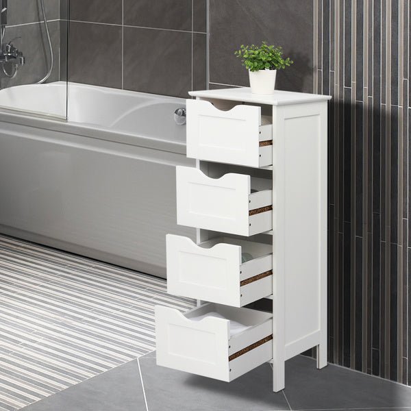 White Wooden Floor Cabinet with 4 Drawers – Freestanding Storage Organizer for Bathroom, Kitchen, Bedroom, or Entryway - goosavvy.com