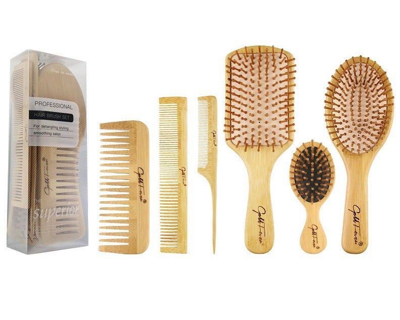 Bamboo Hair Brush and Comb Set | Wooden Hair Brushes and Combs - 6 Pieces | Bamboo Brushes with Bamboo Bristles - goosavvy.com