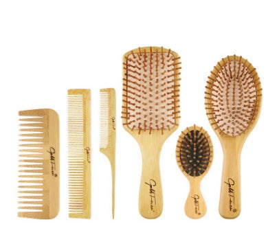 Bamboo Hair Brush and Comb Set | Wooden Hair Brushes and Combs - 6 Pieces | Bamboo Brushes with Bamboo Bristles - goosavvy.com