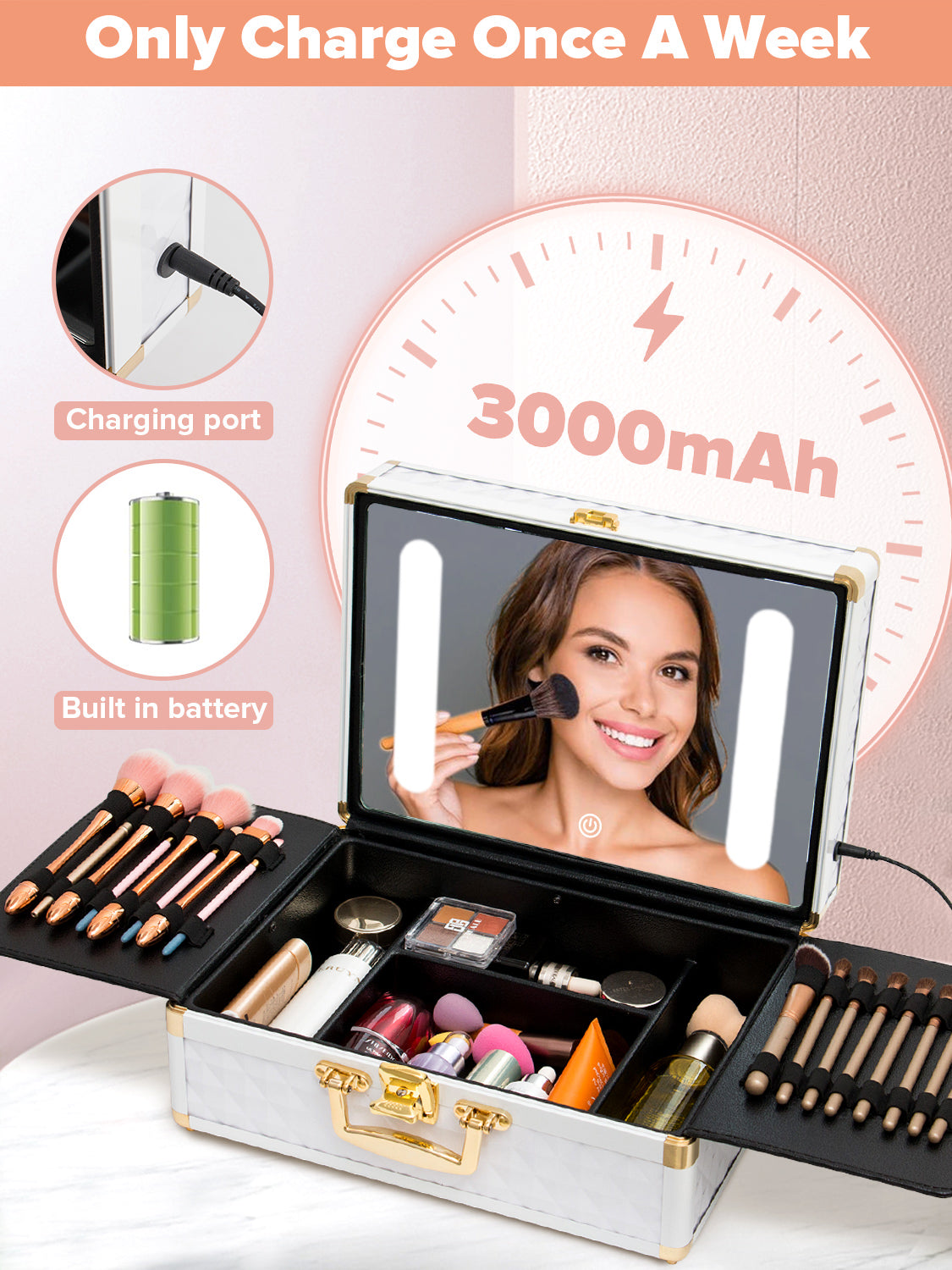 Portable Travel Makeup Case with LED Mirror, Lock, Dividers & Brush Holder