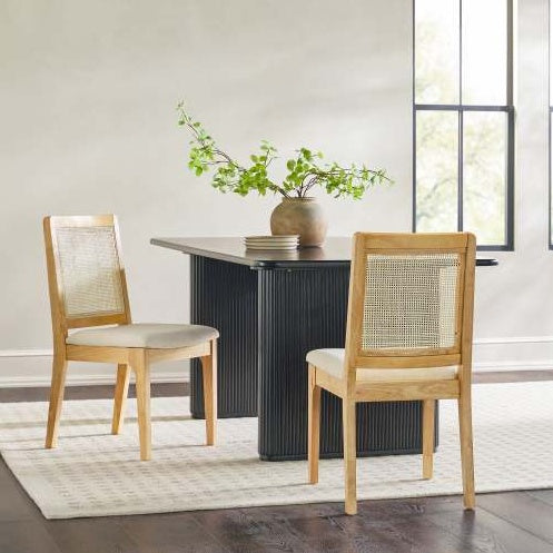 Set of 2 Solid Wood Dining Chairs with Rattan Inset Back, Natural Finish