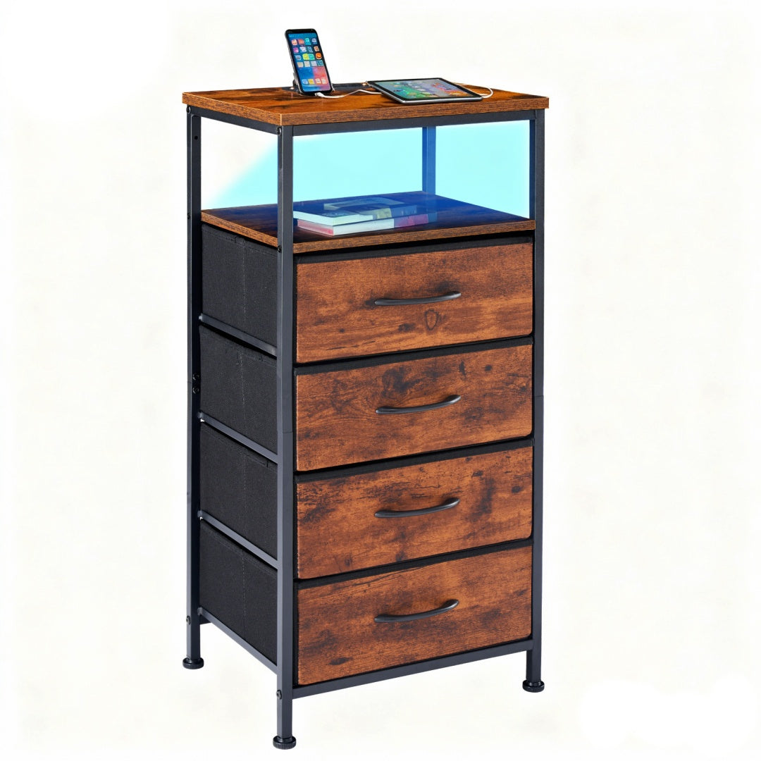 ️ 16" Nightstand with Fabric Drawers, Charging Station & LED Lights