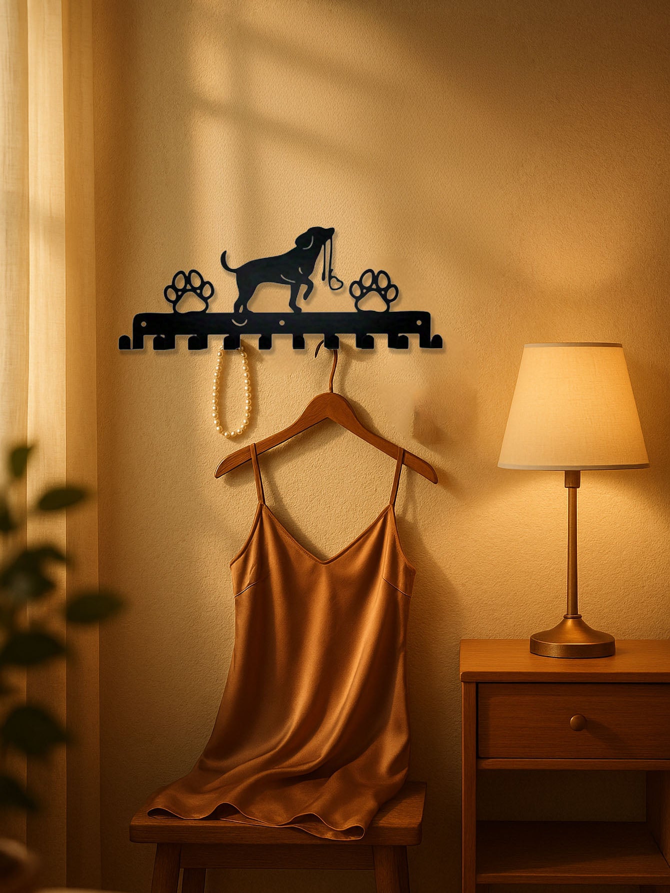 10-hook decorative wall hook with dog and paw design, hanger, and dress in a warm-toned room.