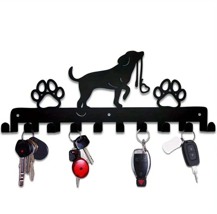 10-hook wall mounted key holder with dog and paw design on a white background