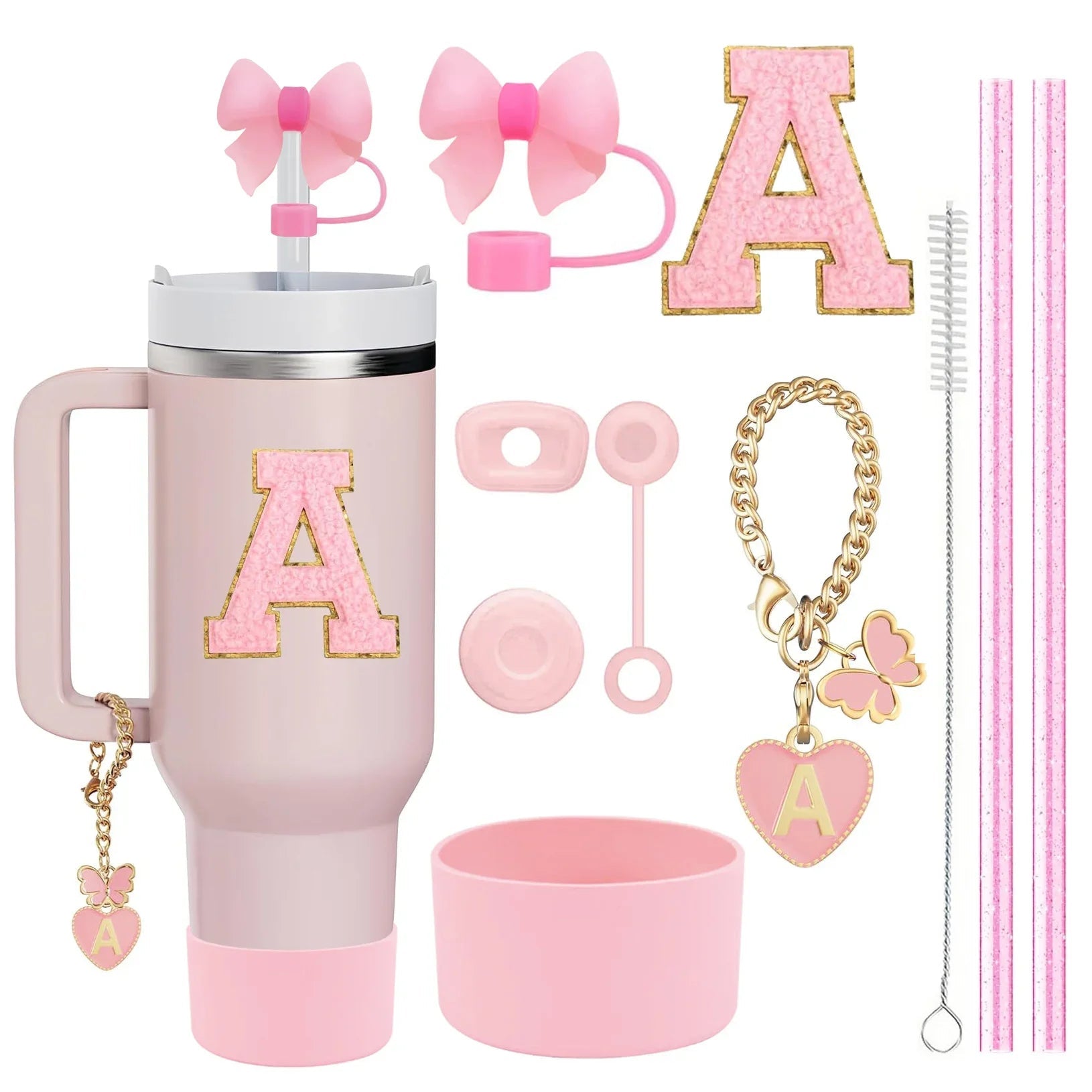 10 - Piece Pink Tumbler Accessory Kit – Personalized Letter & Bow Set with Spill Stoppers & Charms - goosavvy.com