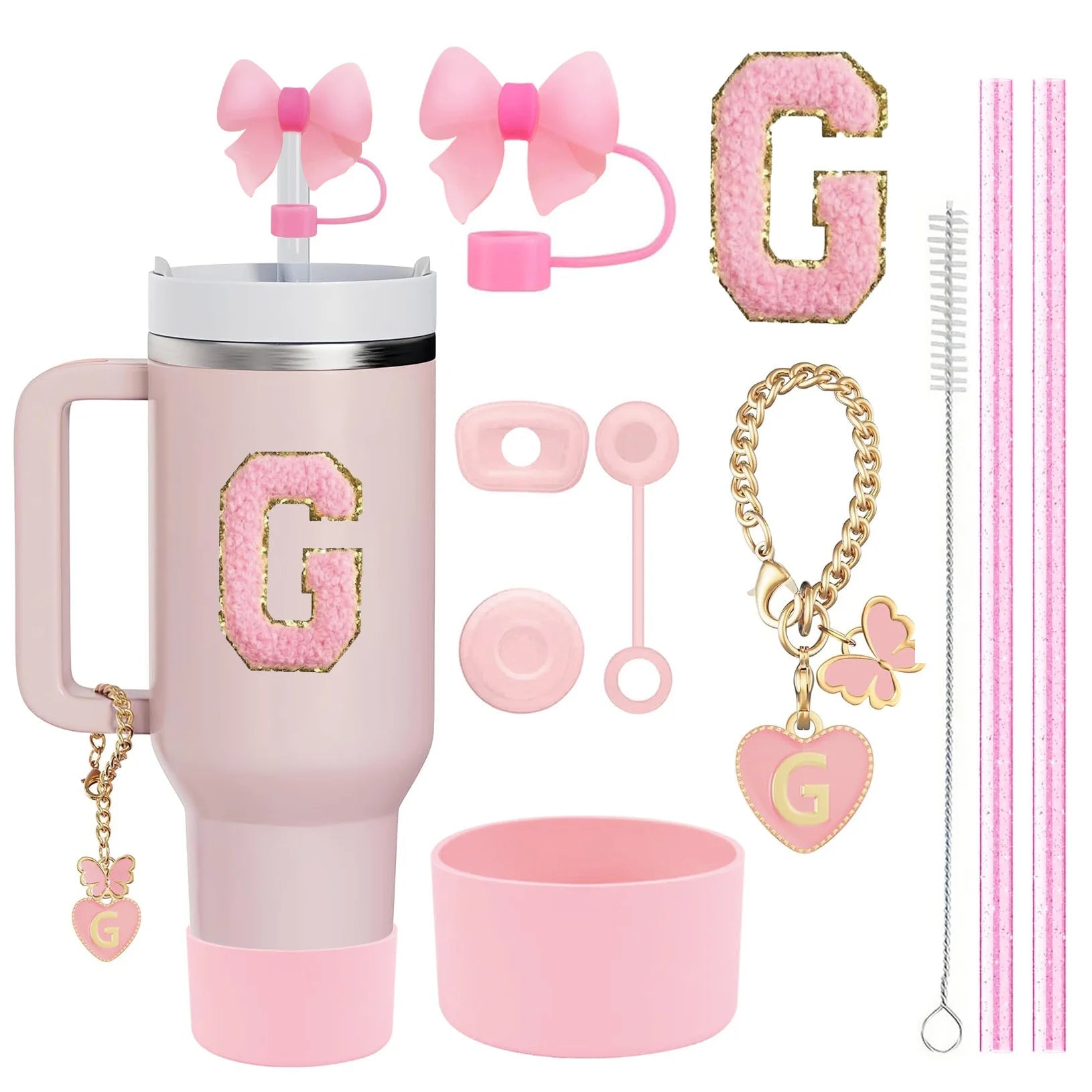 10 - Piece Pink Tumbler Accessory Kit – Personalized Letter & Bow Set with Spill Stoppers & Charms - goosavvy.com