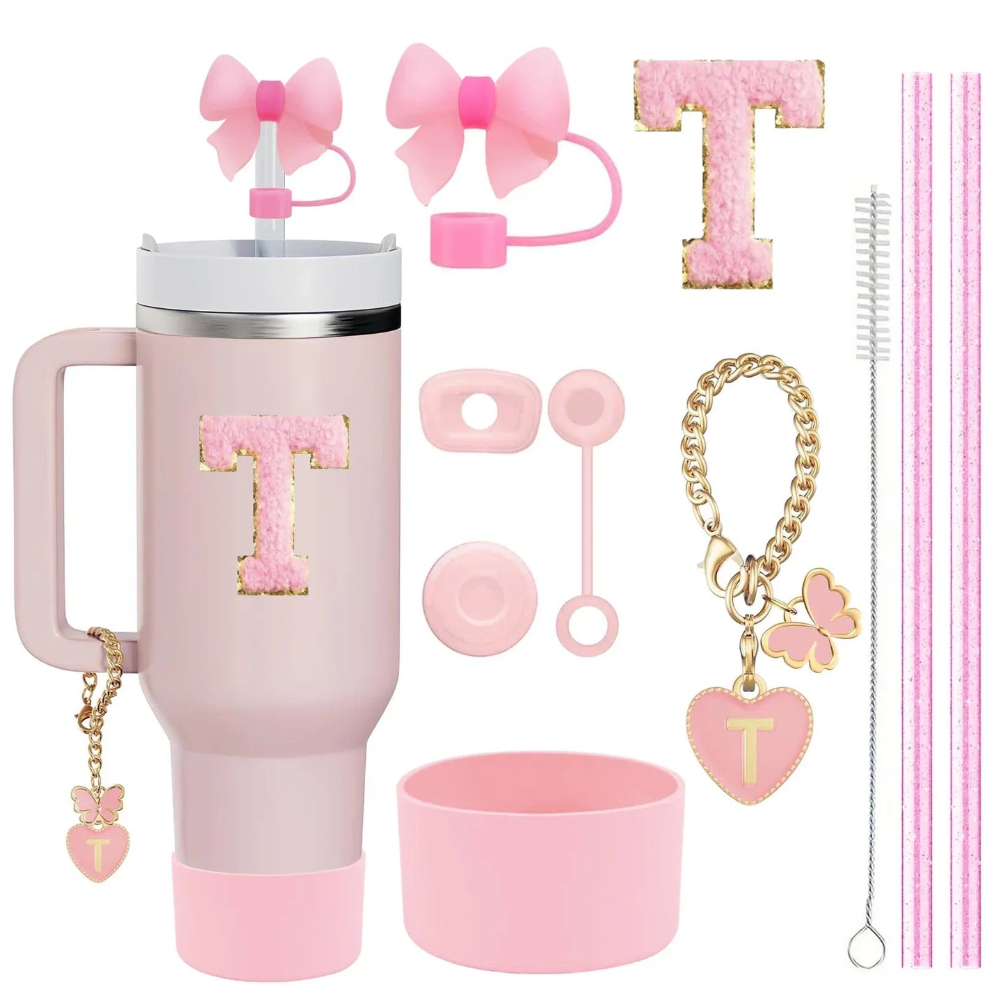 10 - Piece Pink Tumbler Accessory Kit – Personalized Letter & Bow Set with Spill Stoppers & Charms - goosavvy.com