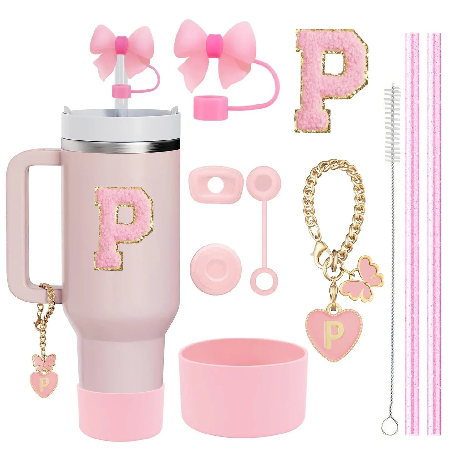 10 - Piece Pink Tumbler Accessory Kit – Personalized Letter & Bow Set with Spill Stoppers & Charms - goosavvy.com