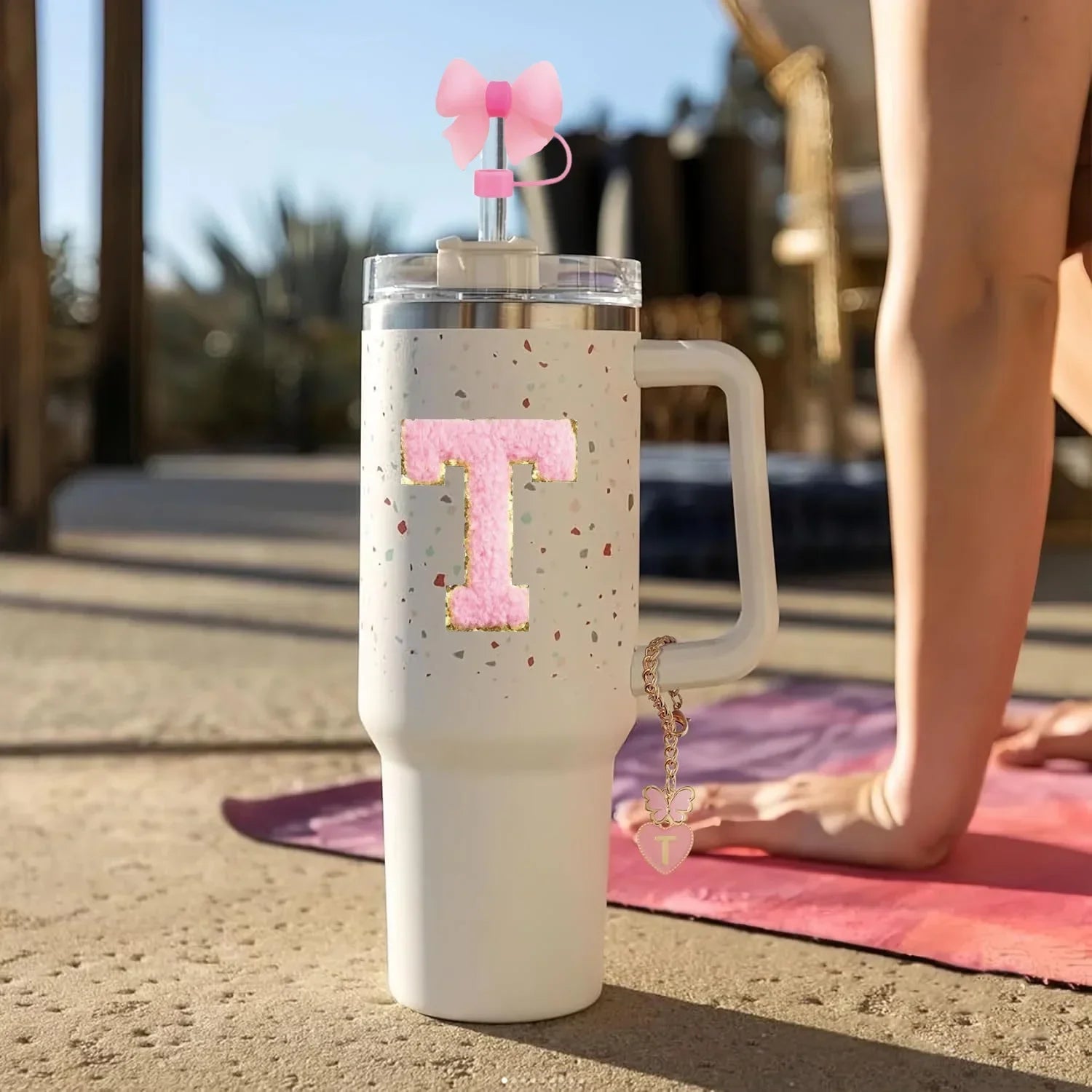 10 - Piece Pink Tumbler Accessory Kit – Personalized Letter & Bow Set with Spill Stoppers & Charms - goosavvy.com