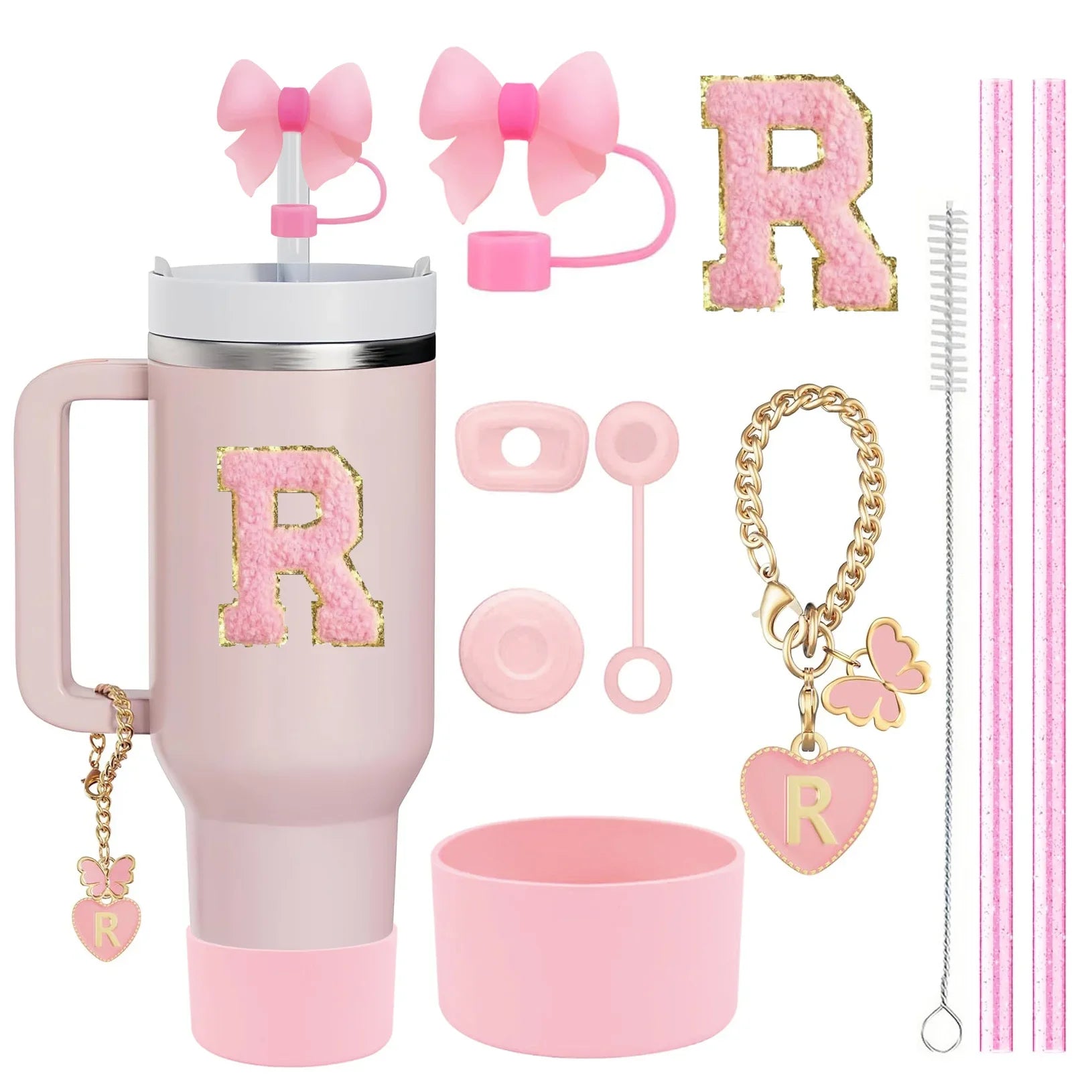 10 - Piece Pink Tumbler Accessory Kit – Personalized Letter & Bow Set with Spill Stoppers & Charms - goosavvy.com