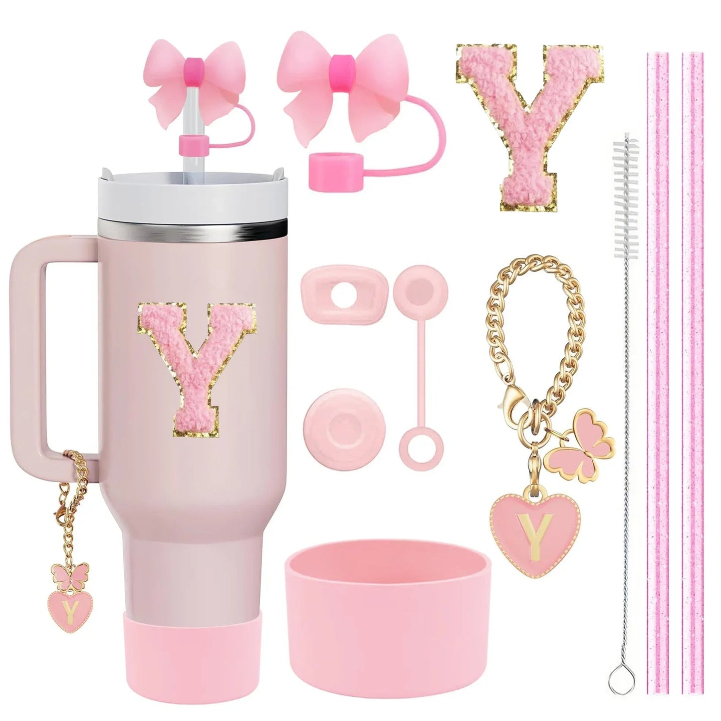 10 - Piece Pink Tumbler Accessory Kit – Personalized Letter & Bow Set with Spill Stoppers & Charms - goosavvy.com