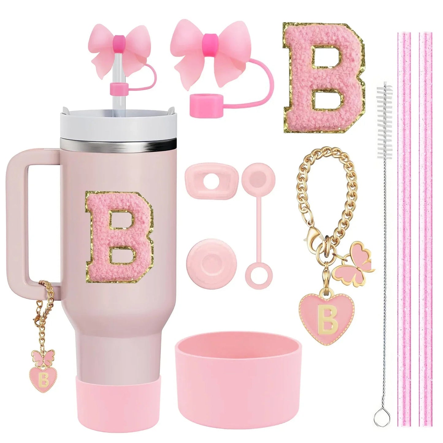 10 - Piece Pink Tumbler Accessory Kit – Personalized Letter & Bow Set with Spill Stoppers & Charms - goosavvy.com