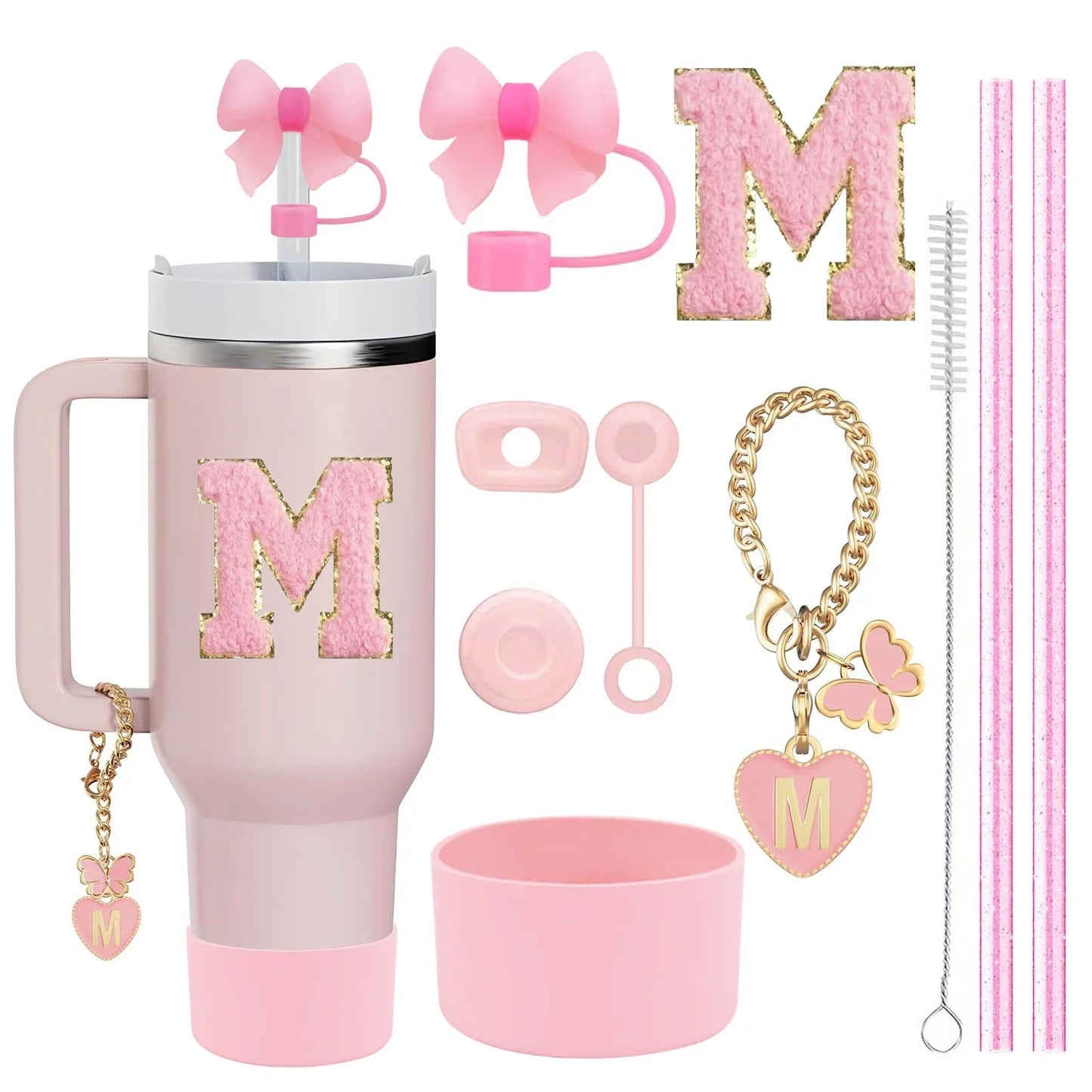 10 - Piece Pink Tumbler Accessory Kit – Personalized Letter & Bow Set with Spill Stoppers & Charms - goosavvy.com