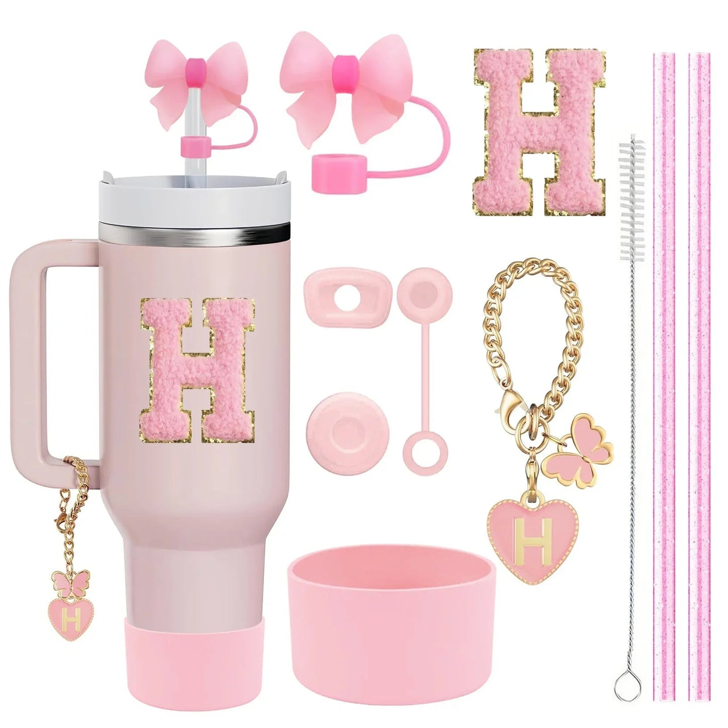 10 - Piece Pink Tumbler Accessory Kit – Personalized Letter & Bow Set with Spill Stoppers & Charms - goosavvy.com