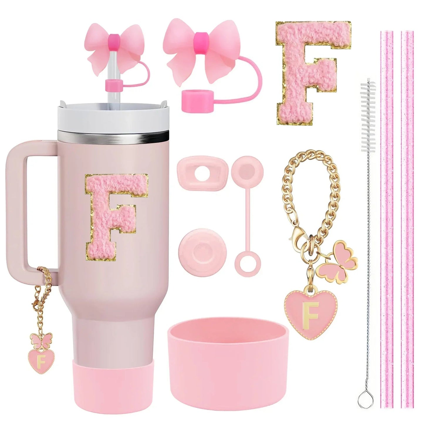 10 - Piece Pink Tumbler Accessory Kit – Personalized Letter & Bow Set with Spill Stoppers & Charms - goosavvy.com