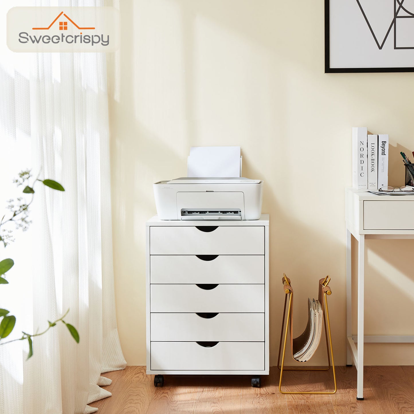 5 or 7 Drawer Wood File Cabinet with Wheels – Modern Dresser Organizer for Office & Home, White