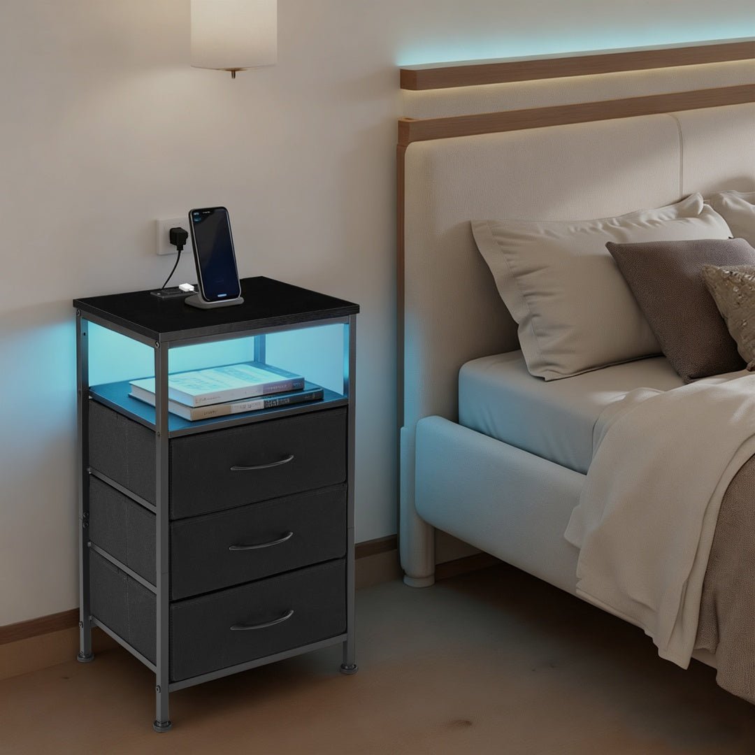 ️ 16" Nightstand with Fabric Drawers, Charging Station & LED Lights - goosavvy.com
