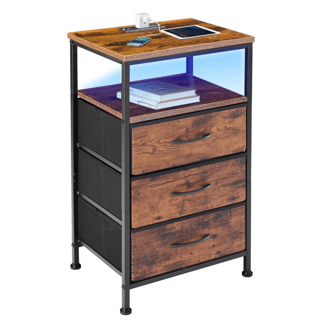 ️ 16" Nightstand with Fabric Drawers, Charging Station & LED Lights - goosavvy.com