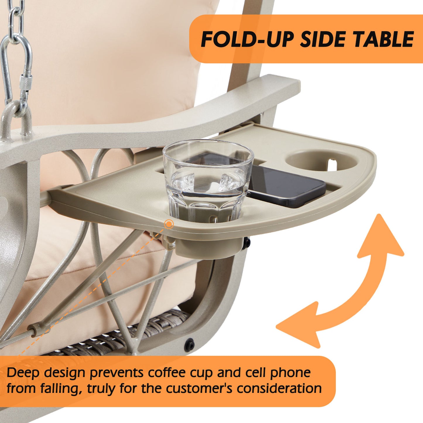 3-Person Wicker Porch Swing with Cup Holders, Heavy-Duty 900 lb Capacity & Adjustable Steel Chains