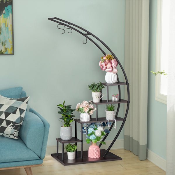 2pc Modular Semi - Circle Plant Stand Set – 5 - Tier Iron & Wood Arch Display Rack with Hanging Hooks (55.9 in. H) - goosavvy.com