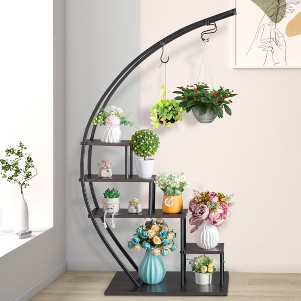 2pc Modular Semi - Circle Plant Stand Set – 5 - Tier Iron & Wood Arch Display Rack with Hanging Hooks (55.9 in. H) - goosavvy.com