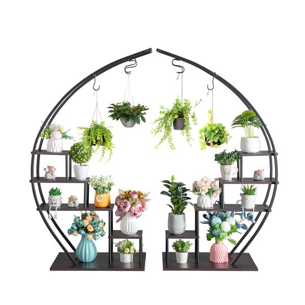 2pc Modular Semi - Circle Plant Stand Set – 5 - Tier Iron & Wood Arch Display Rack with Hanging Hooks (55.9 in. H) - goosavvy.com