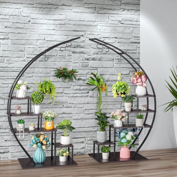 2pc Modular Semi - Circle Plant Stand Set – 5 - Tier Iron & Wood Arch Display Rack with Hanging Hooks (55.9 in. H) - goosavvy.com