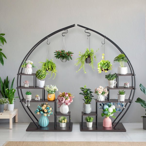 2pc Modular Semi - Circle Plant Stand Set – 5 - Tier Iron & Wood Arch Display Rack with Hanging Hooks (55.9 in. H) - goosavvy.com