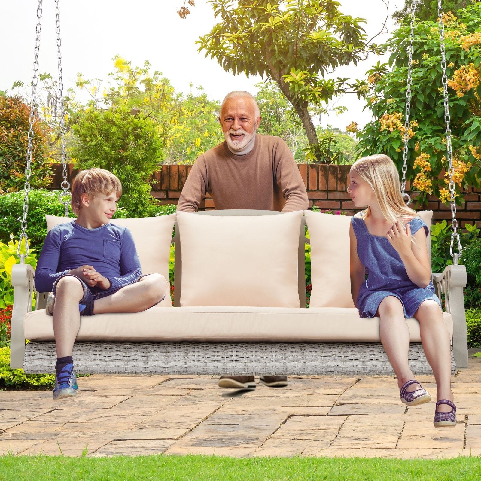 3 - Person Wicker Porch Swing with Cup Holders, Heavy - Duty 900 lb Capacity & Adjustable Steel Chains - goosavvy.com