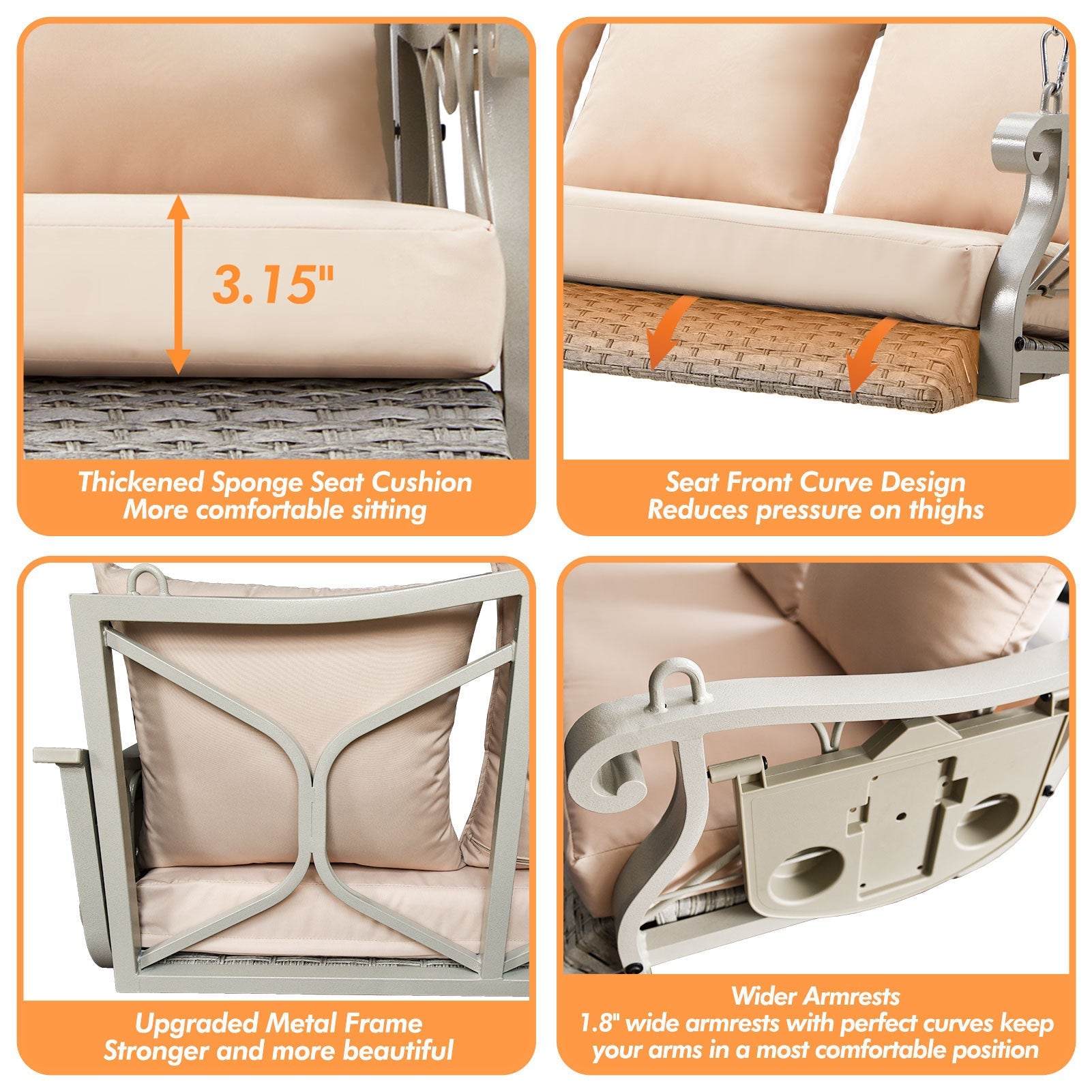 3 - Person Wicker Porch Swing with Cup Holders, Heavy - Duty 900 lb Capacity & Adjustable Steel Chains - goosavvy.com