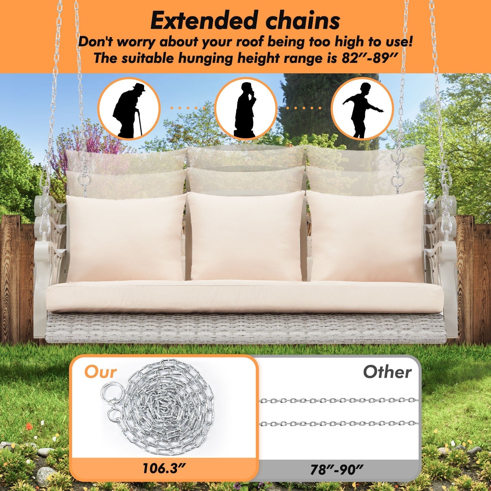 3 - Person Wicker Porch Swing with Cup Holders, Heavy - Duty 900 lb Capacity & Adjustable Steel Chains - goosavvy.com