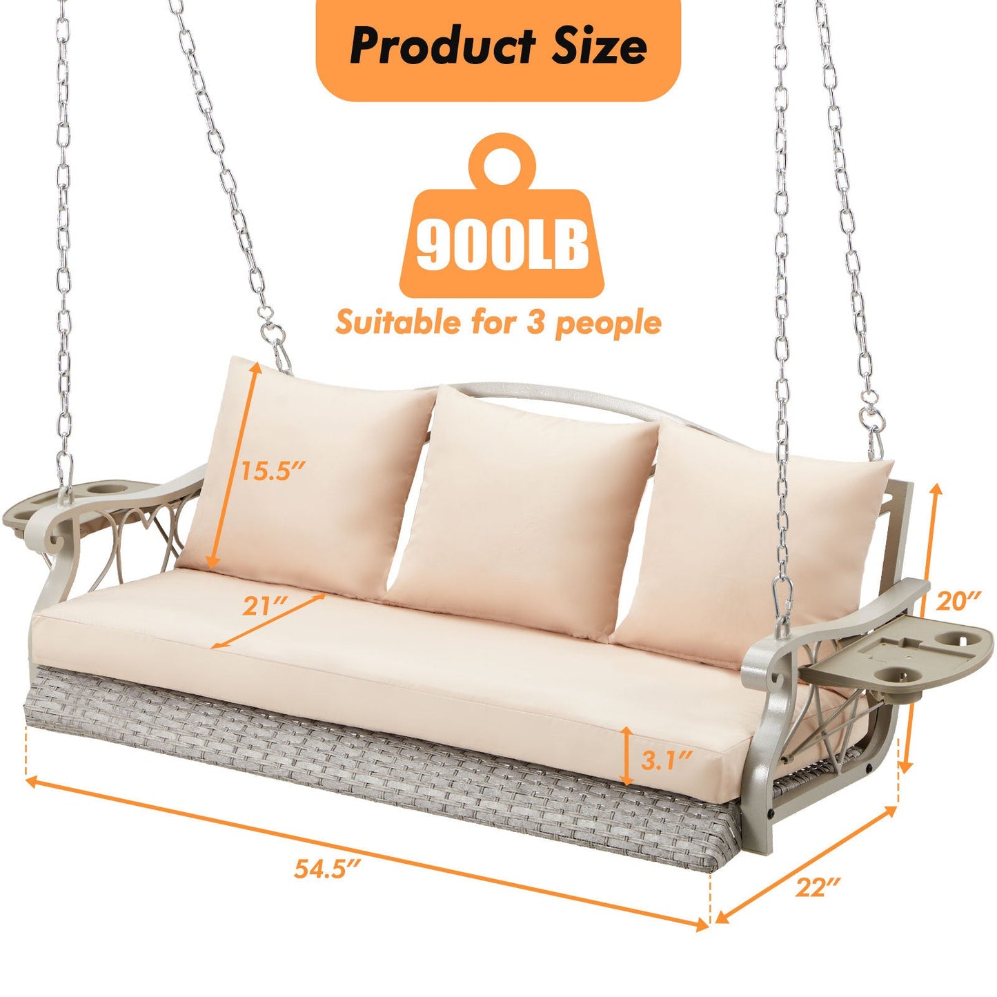 3 - Person Wicker Porch Swing with Cup Holders, Heavy - Duty 900 lb Capacity & Adjustable Steel Chains - goosavvy.com