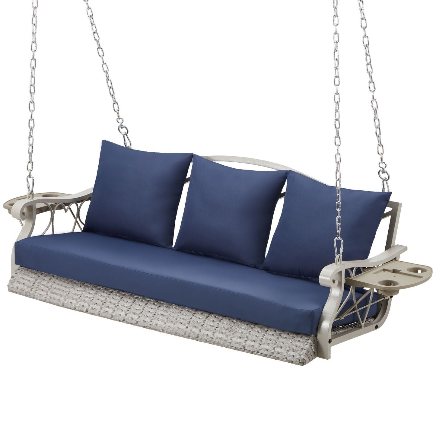 3 - Person Wicker Porch Swing with Cup Holders, Heavy - Duty 900 lb Capacity & Adjustable Steel Chains - goosavvy.com