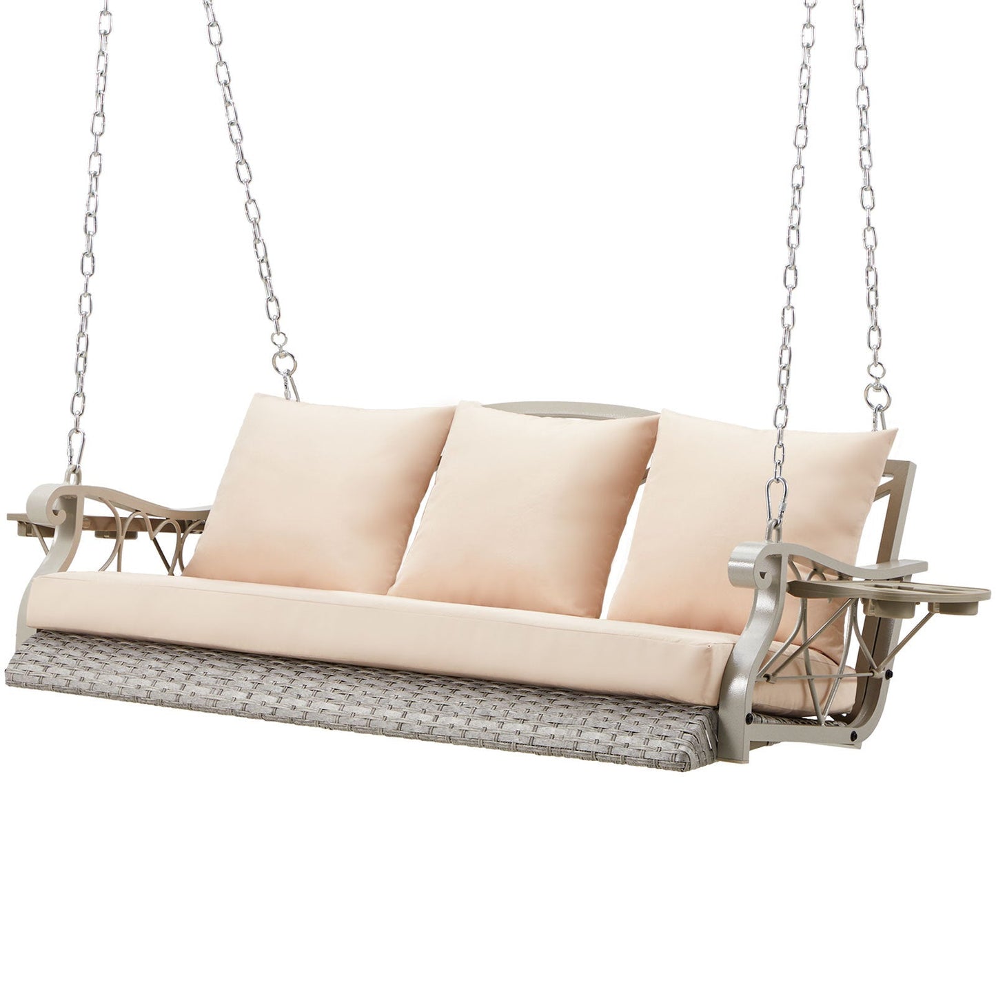 3 - Person Wicker Porch Swing with Cup Holders, Heavy - Duty 900 lb Capacity & Adjustable Steel Chains - goosavvy.com