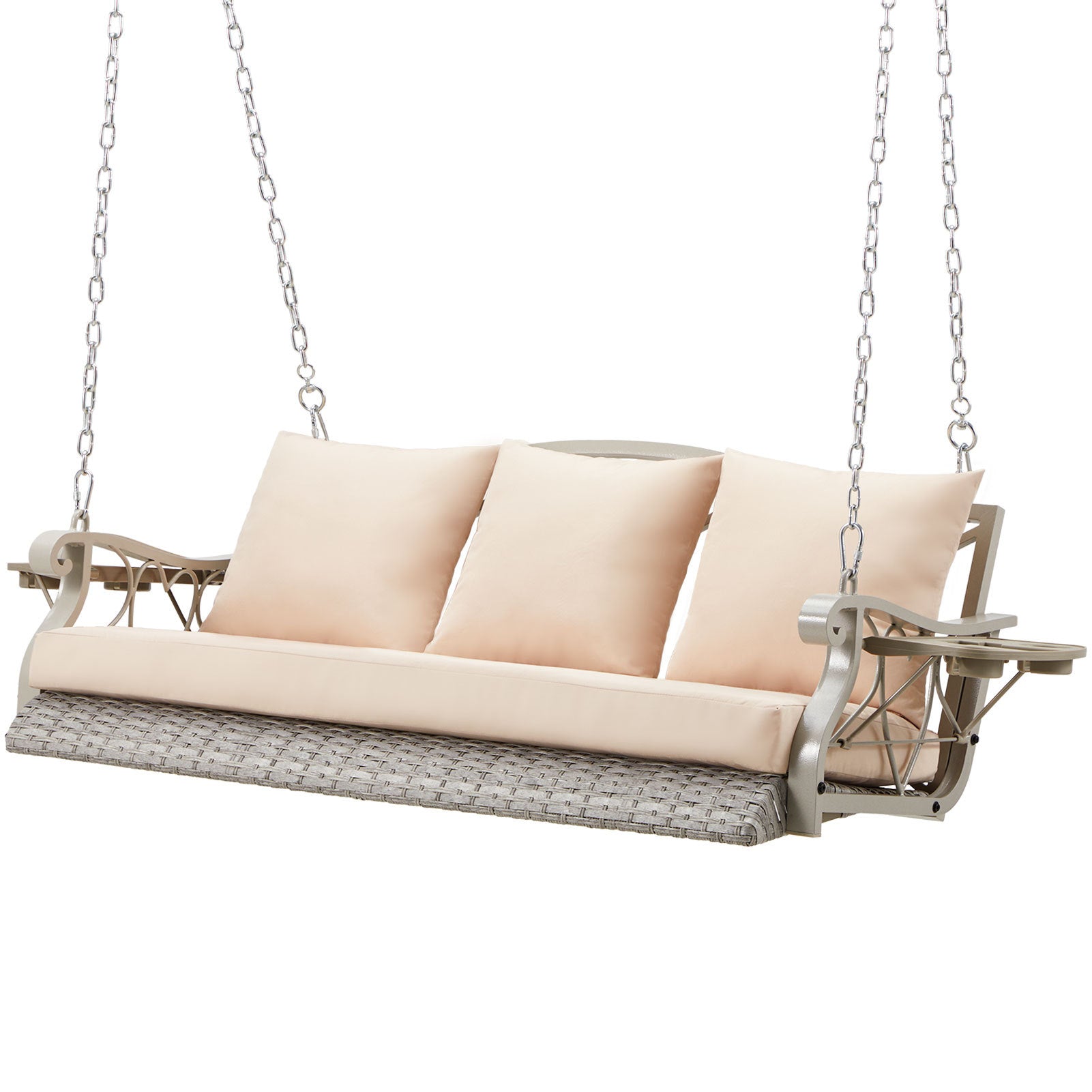3 - Person Wicker Porch Swing with Cup Holders, Heavy - Duty 900 lb Capacity & Adjustable Steel Chains - goosavvy.com
