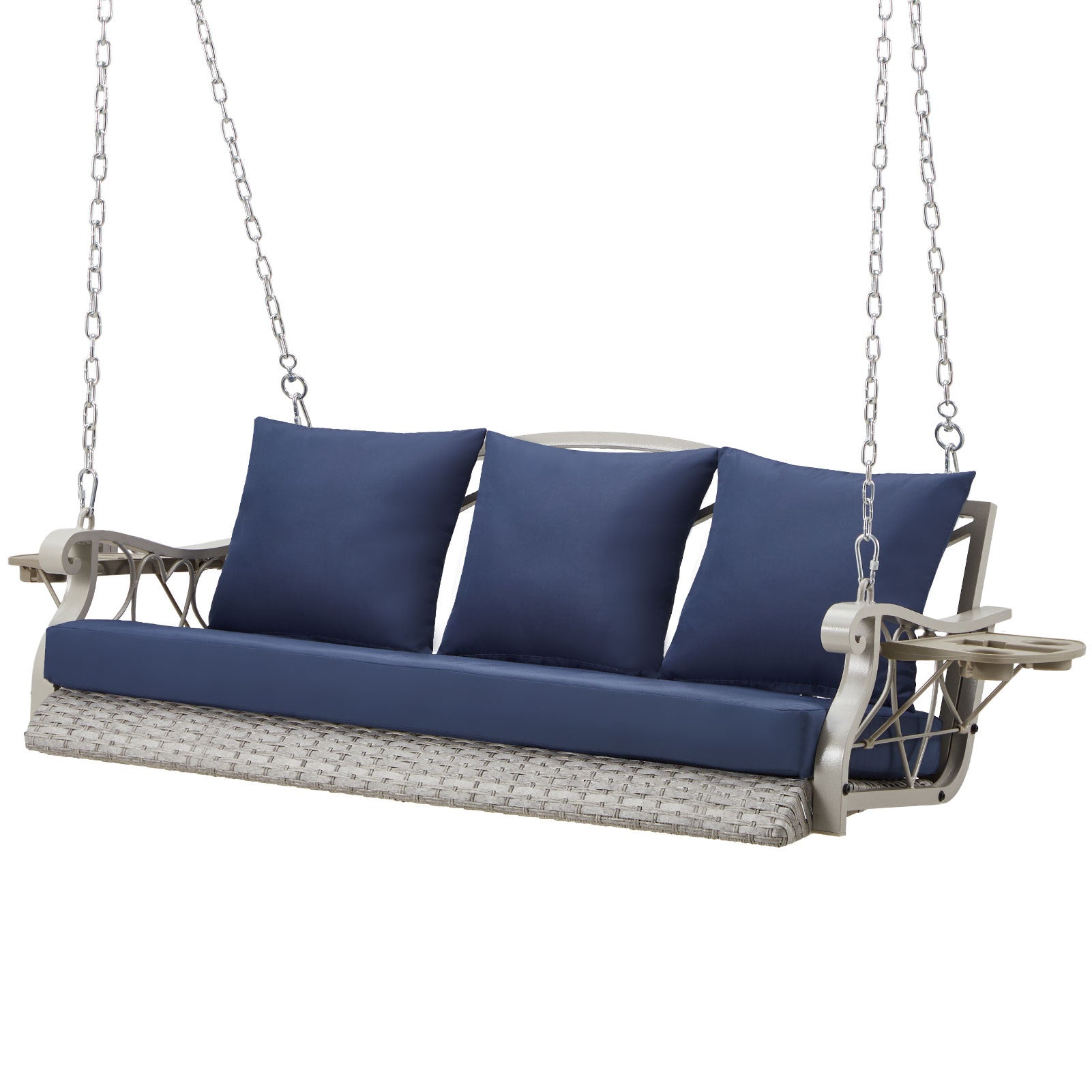 3 - Person Wicker Porch Swing with Cup Holders, Heavy - Duty 900 lb Capacity & Adjustable Steel Chains - goosavvy.com
