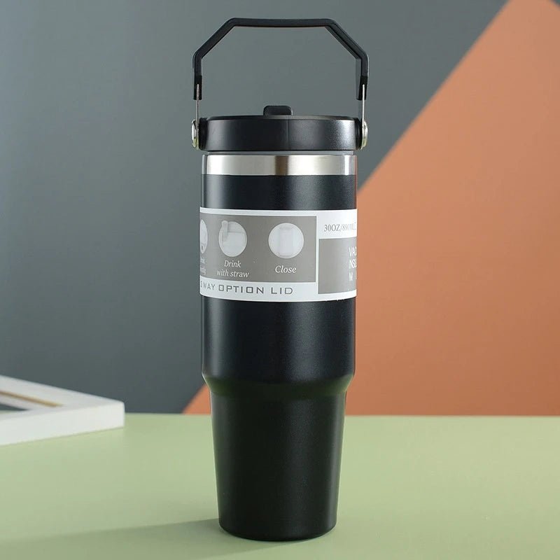 30oz Vacuum - Insulated Stainless Steel Travel Mug with Handle & Hidden Straw – Large Capacity Car Cup Thermos - goosavvy.com