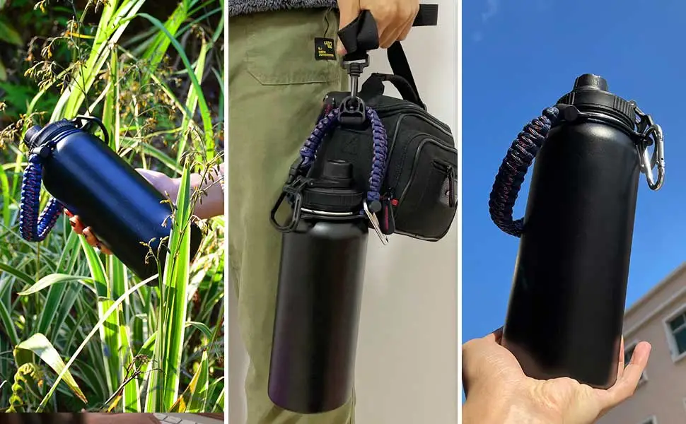 Image for multiple pictures of 32 oz or 1000 ML stainless steel water bottle in black color, with double wall vacuum insulation. The bottle has dual lid with built-in carrying handle. The image shows bottle has a black carry strap that can attach it to a backpack.